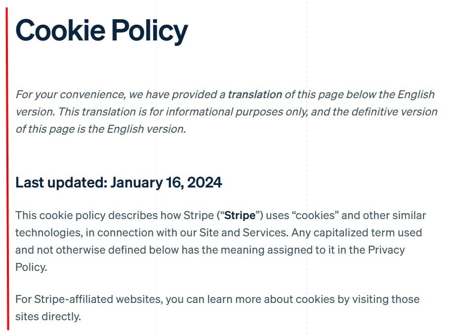 Stripe Cookie Policy Intro section