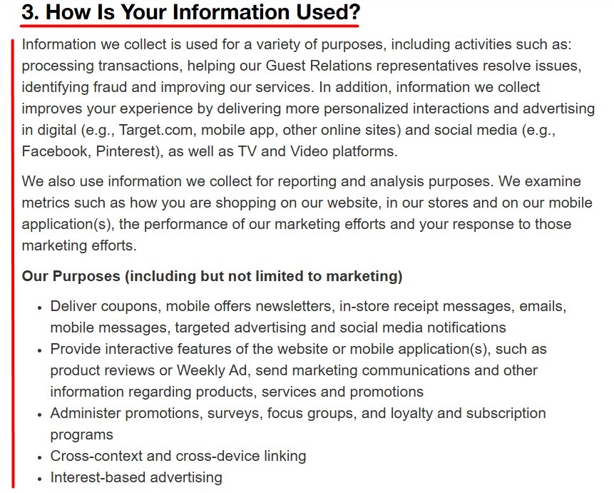 Target Privacy Policy: How is your information used clause