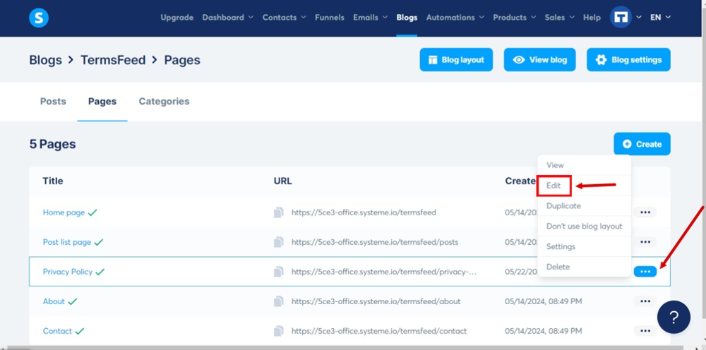 TermsFeed Systeme - Blogs - Edit your blog - Pages - Privacy Policy page added - Select the Edit option