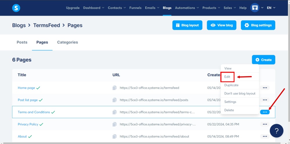 TermsFeed Systeme - Blogs - Edit your blog - Pages - Terms and Conditions page added - Select the Edit option