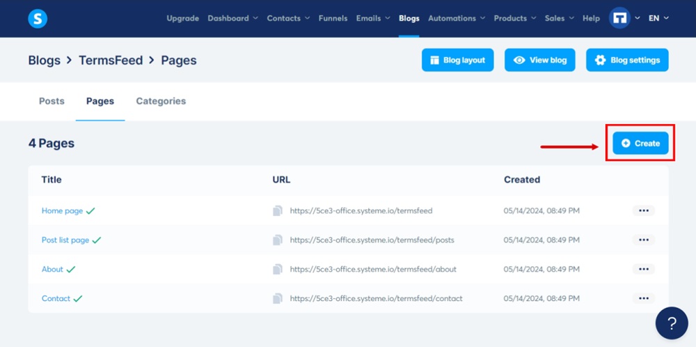 TermsFeed Systeme Dashboard - Blogs - Edit your blog - Pages - Create