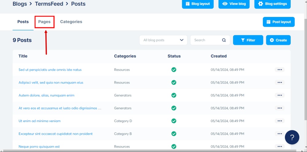 TermsFeed Systeme Dashboard - Blogs - Edit your blog - Pages tab selected