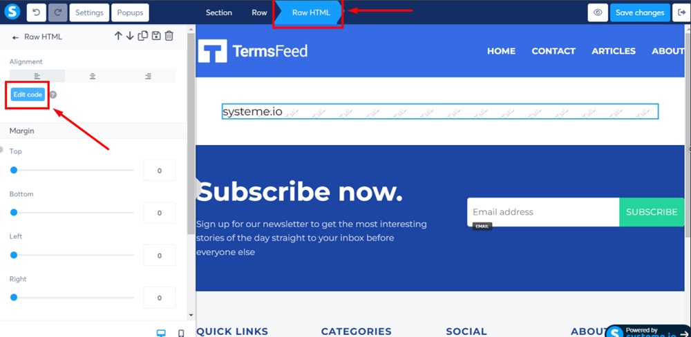 TermsFeed Systeme - Privacy Policy page editor - Elements - Drag and drop Raw HTML - open settings - Edit code