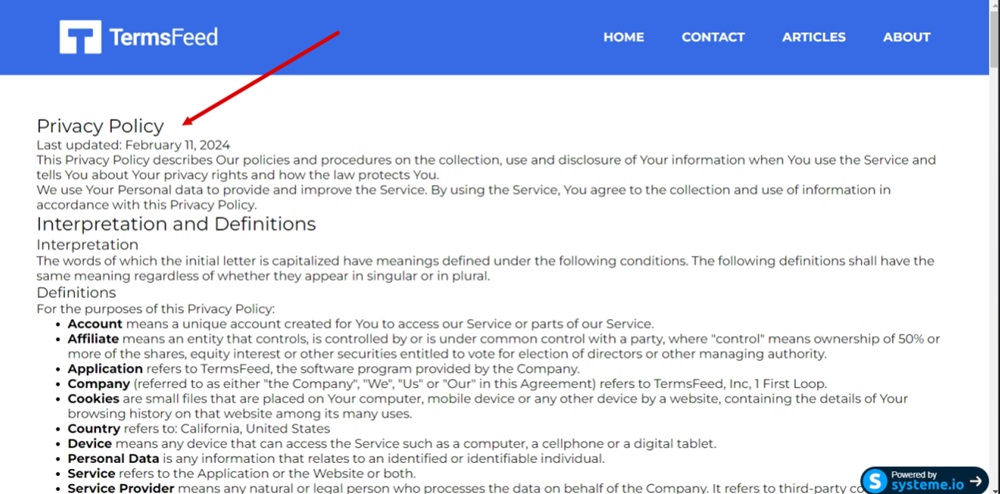 TermsFeed Systeme - Privacy Policy page - preview displayed