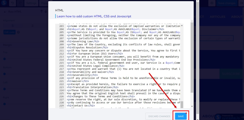 TermsFeed Systeme - Terms and Conditions page editor - Raw HTML - open settings - Edit code - HTML - pasted- Save