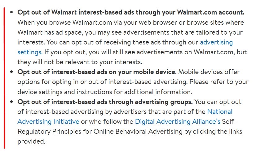 Walmart Privacy Notice: Opt Out clause