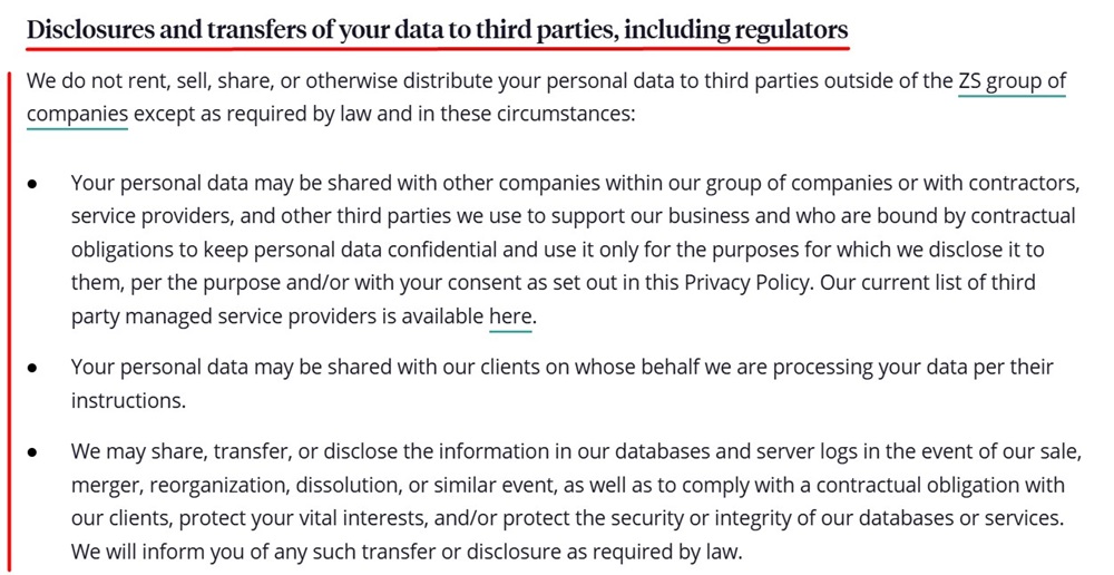 ZS Privacy Policy: Third party clause