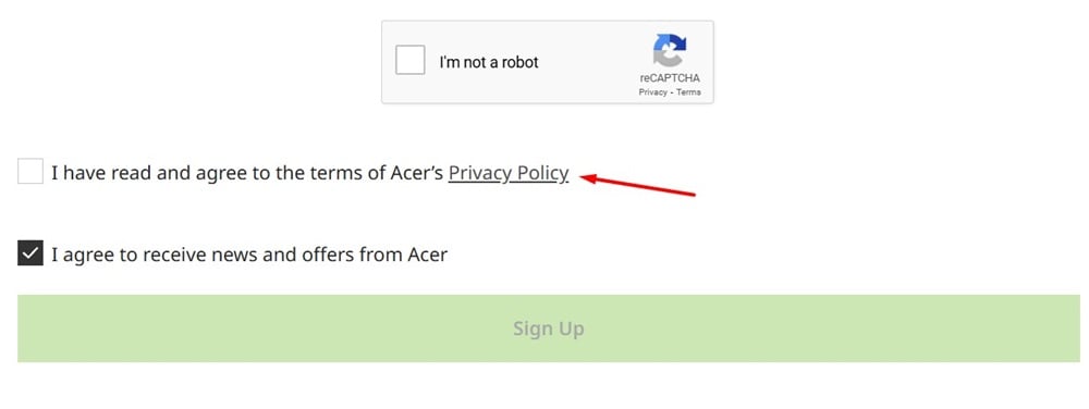 Acer sign-up form with Privacy Policy link highlighted