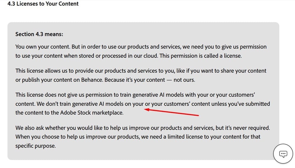 Adobe Terms of Use; Licenses to Your Content clause