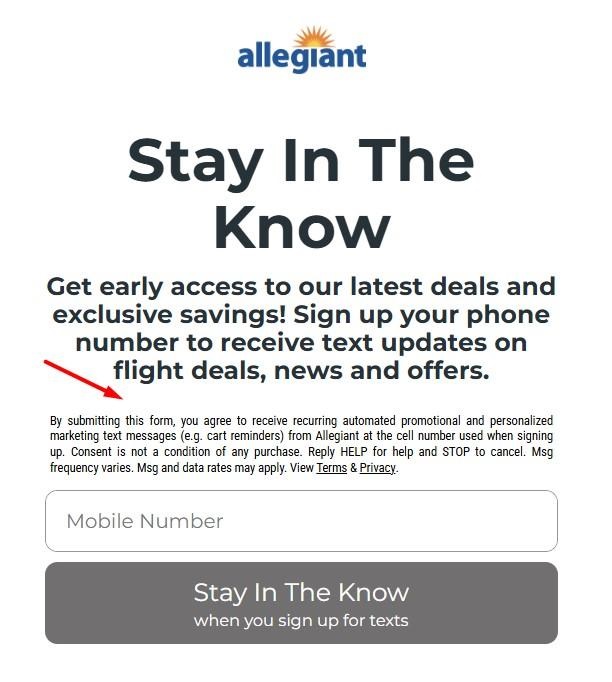 Allegiant text message sign-up form