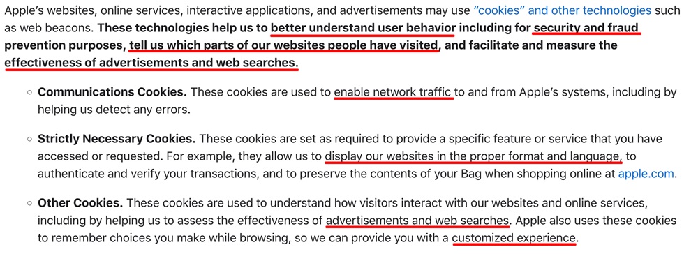 Apple Privacy Policy: Cookies use clause