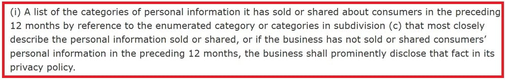 CCPA text: List of categories of personal information sold or shared in 12 months clause