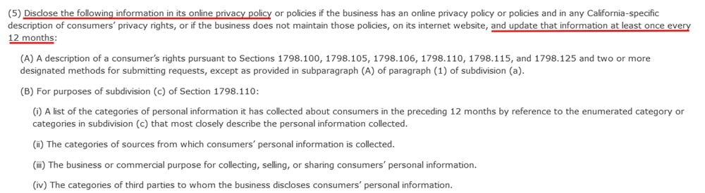 CCPA: Update Privacy Policy every 12 months clause