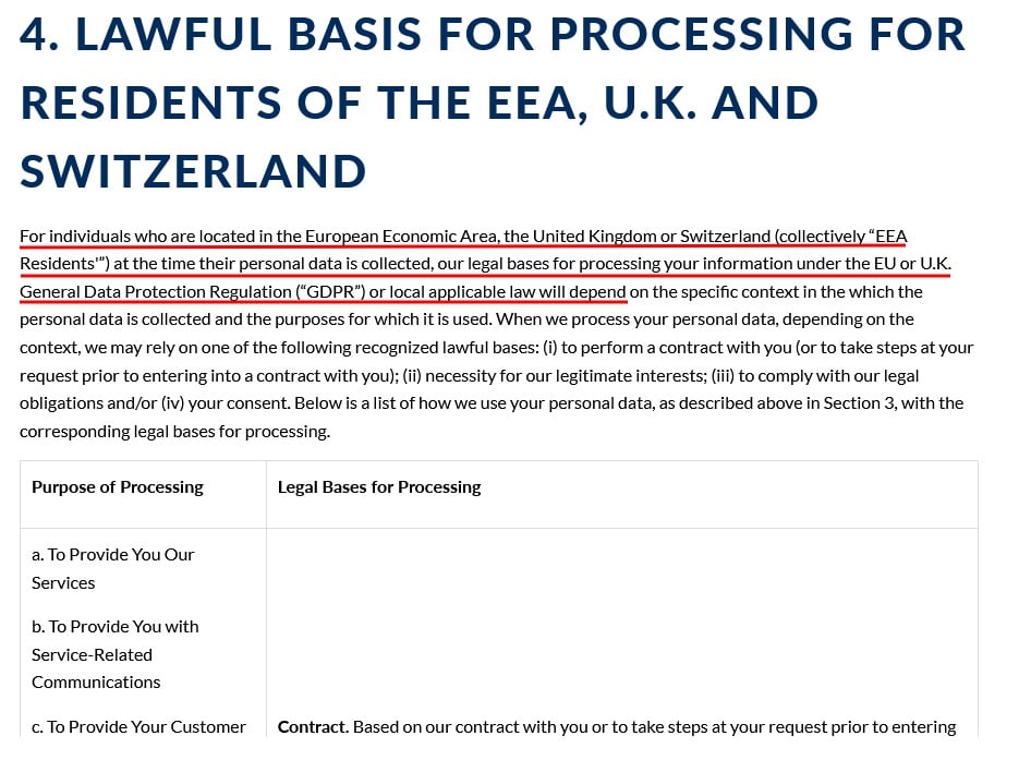 EquiLife Privacy Policy: Lawful basis for processing for residents of the EEA UK and Switzerland clause