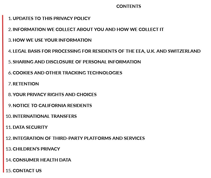 EquiLife Privacy Policy table of contents