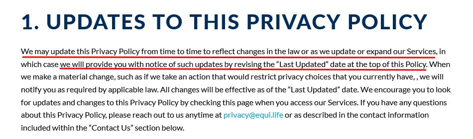 EquiLife Privacy Policy: Updates clause