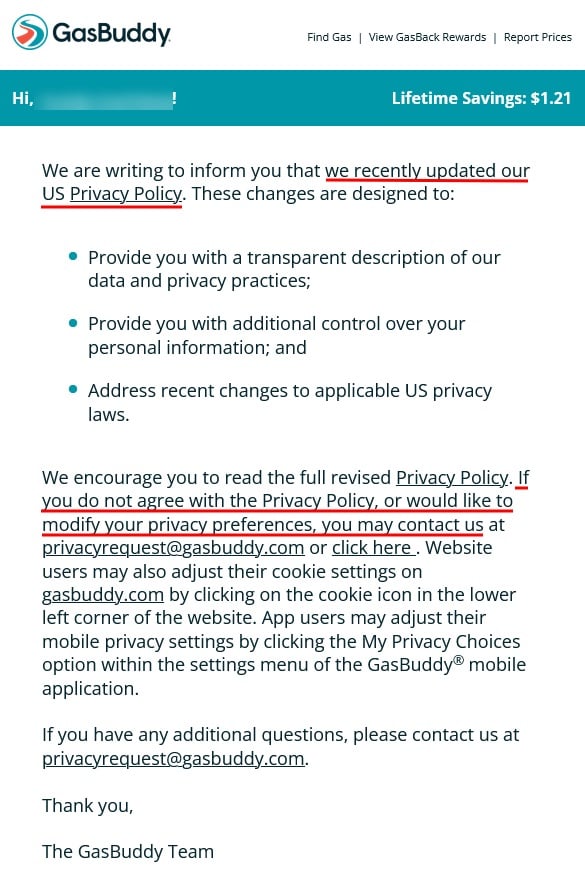 Screenshot of GasBuddy Privacy Policy update email