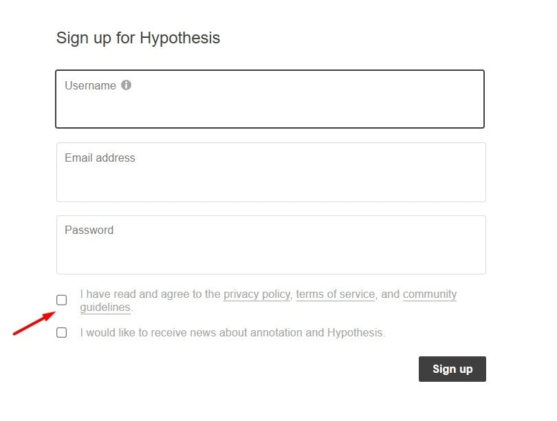 Hypothesis sign-up form with Agree checkbox highlighted