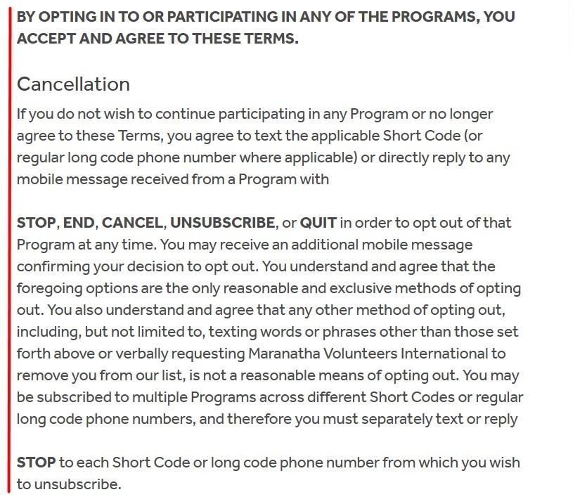 Maranatha Text Message Terms and Privacy Policy: Opt out clause