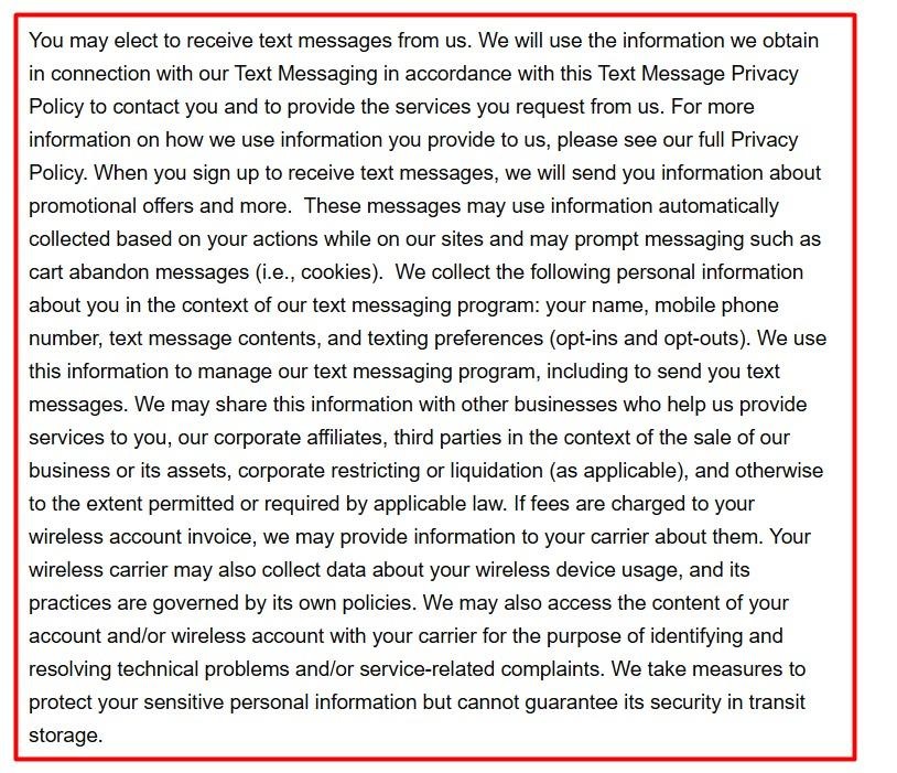 Excerpt of MoMA Design Store Text Message Privacy Policy