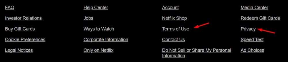 Netflix website footer with legal agreement links highlighted