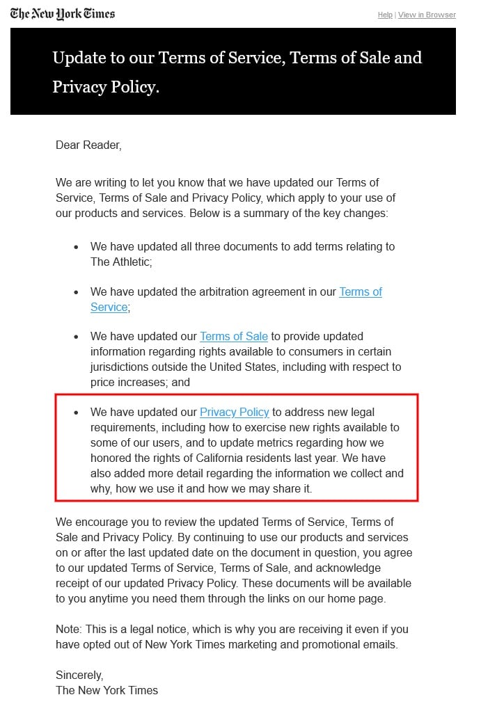 New York Times Privacy Policy update email screenshot - 2024