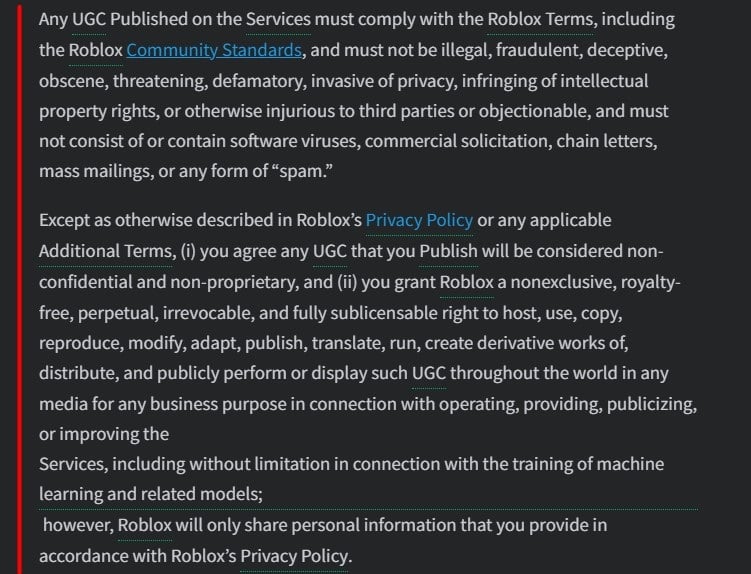 Roblox Terms of Use excerpt