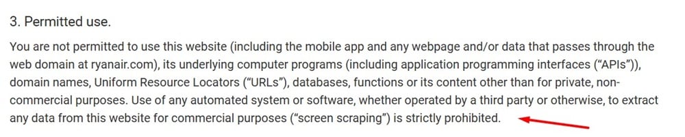 Ryanair Terms of Use: Permitted use clause