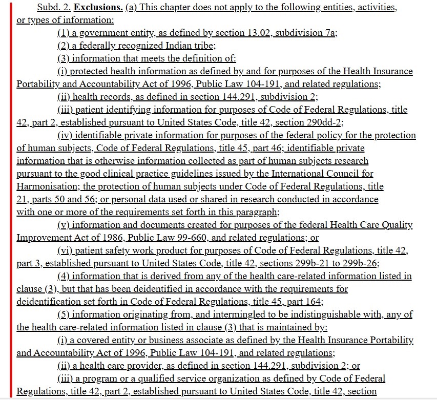 Section 4 325O 03 Subdivision 2 of the MCDPA: Exclusions excerpt