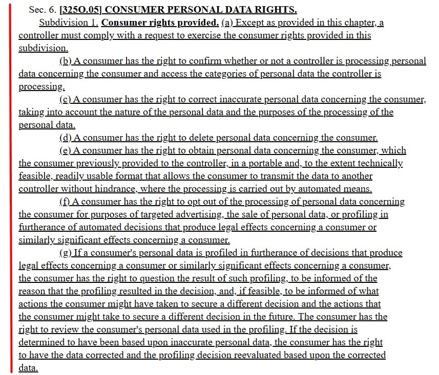 Section 6 325O 05 Subdivision 1 of the MCDPA: Consumer Personal Data Rights excerpt