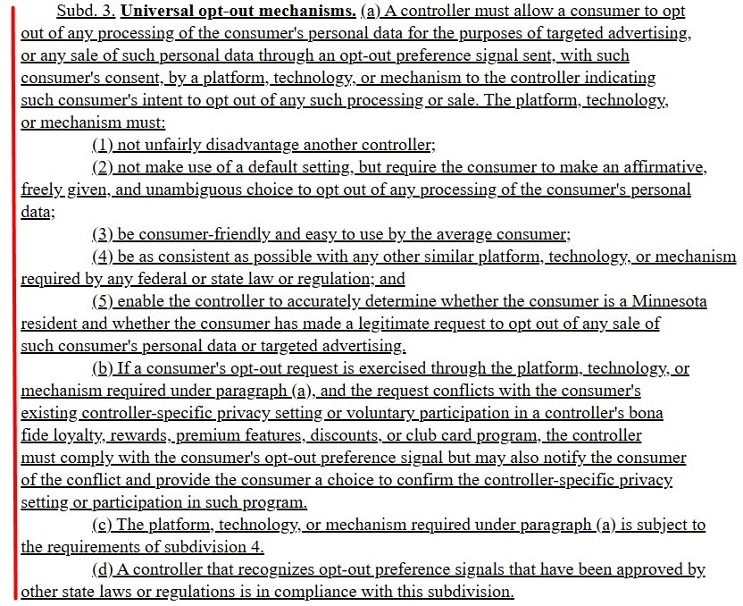 Section 6 325O 05 Subdivision 3 of the MCDPA: Universal Opt Out Mechanisms excerpt