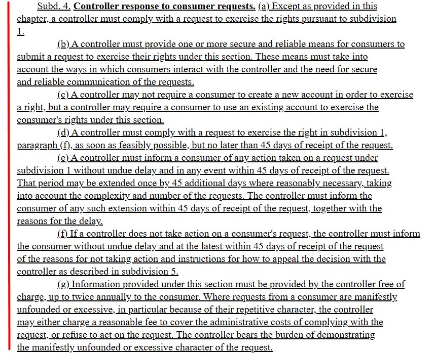 Section 6 325O 05 Subdivision 4 of the MCDPA: Controller Response to Consumer Requests excerpt