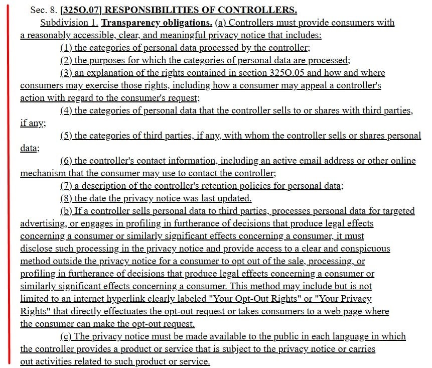 Section 8 325O 07 Subdivision 1 of the MCDPA: Responsibilities of Controllers excerpt