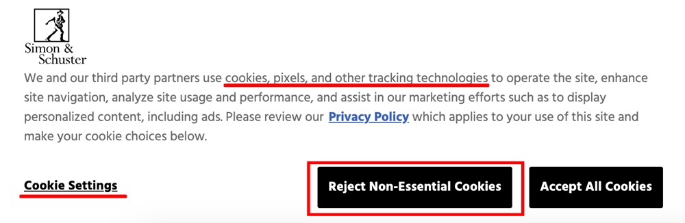 Simon and Schuster Cookie Consent Notice