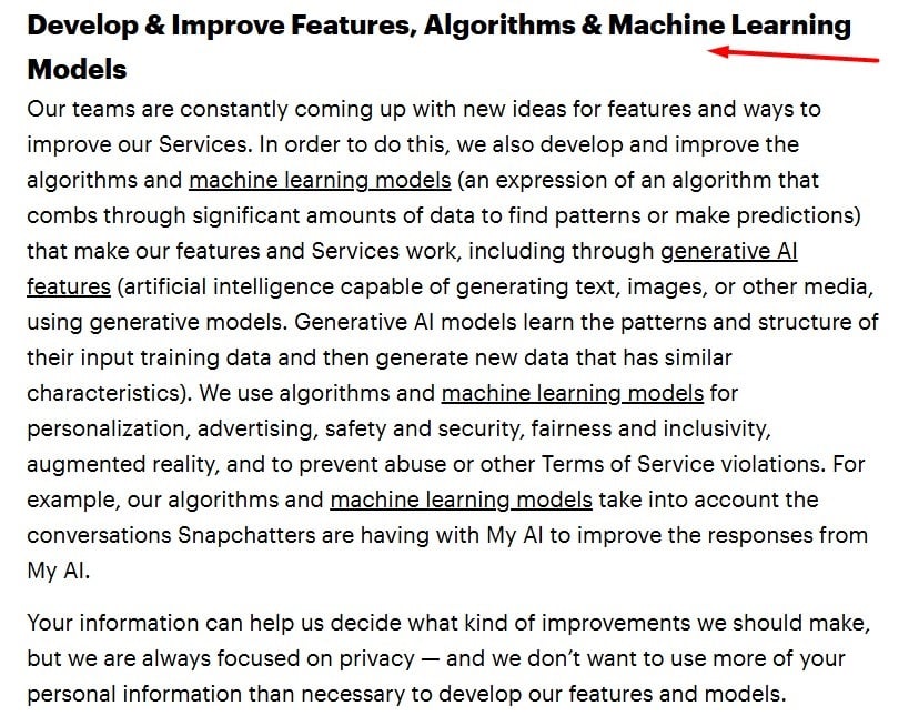 Snap Privacy Policy: Develop and Improve Features Algorithms and Machine Learning Models clause