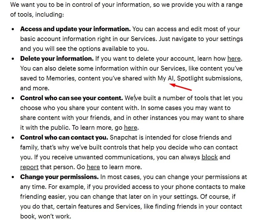 Snap Privacy Policy: User tools clause