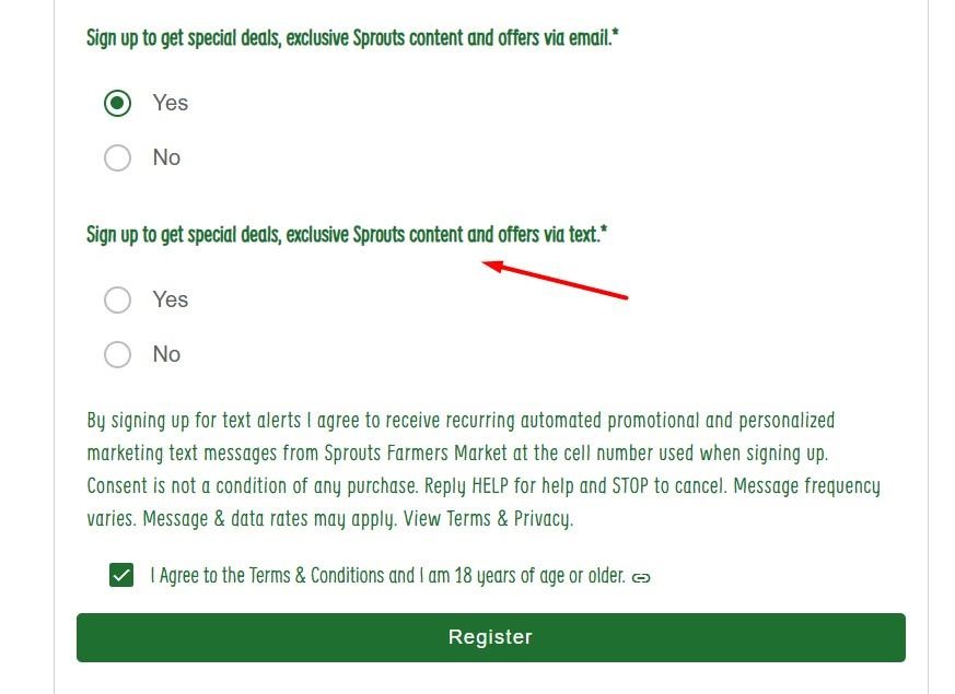 Sprouts Register for an account form