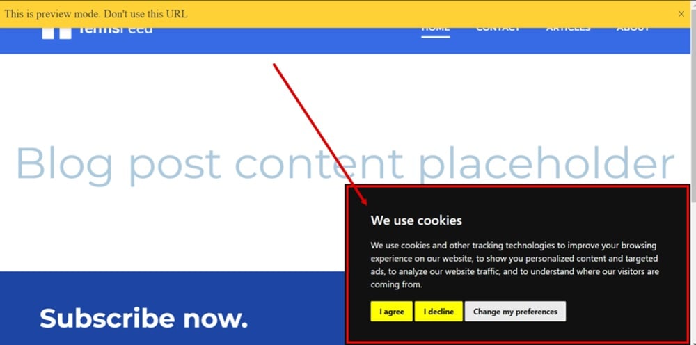 TermsFeed Systeme - Blog layout - Cookie Consent Notice Banner displayed on the preview