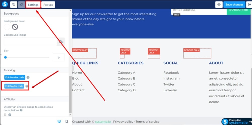 TermsFeed Systeme - Blog layout - Footer - Settings - Edit footer code selected