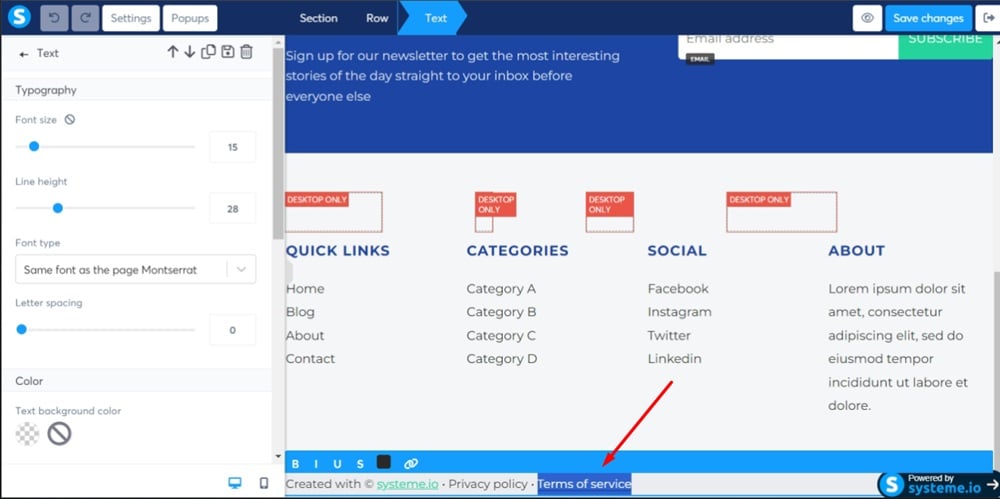 TermsFeed Systeme - Blog layout - Footer - Text field - Terms and Conditions link editor