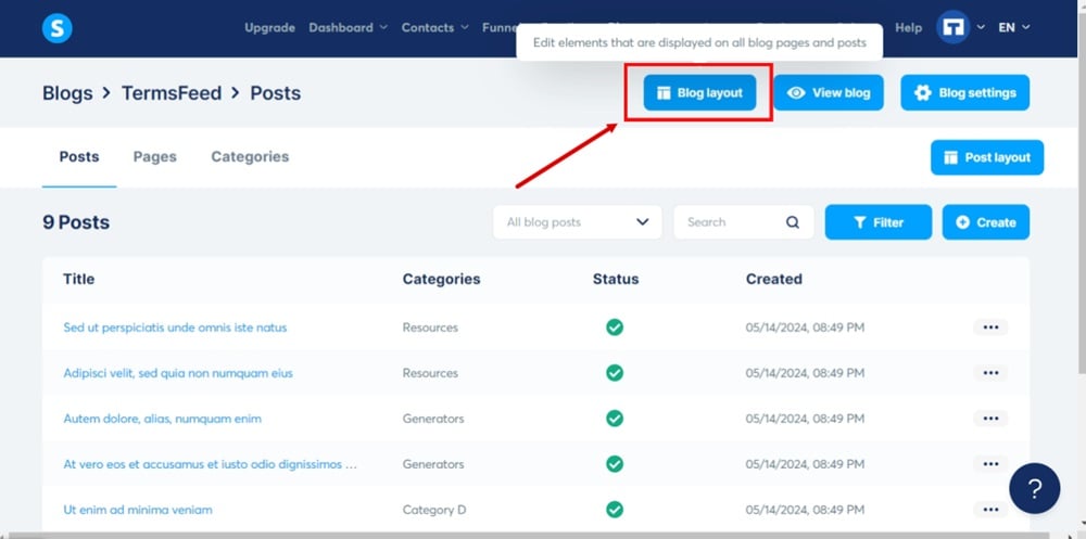 TermsFeed Systeme Dashboard - Blogs - Edit your blog - Blog layout selected