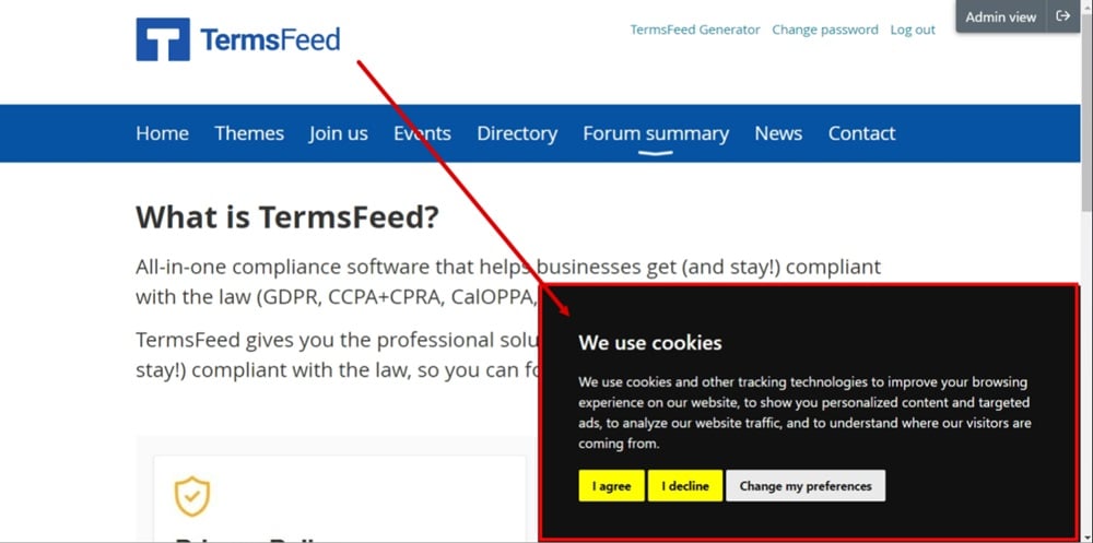 TermsFeed WildApricot - a preview of the Cookie Consent Notice Banner displayed