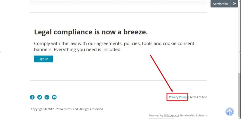 TermsFeed WildApricot - Preview of the website further with Privacy Policy linked and displayed