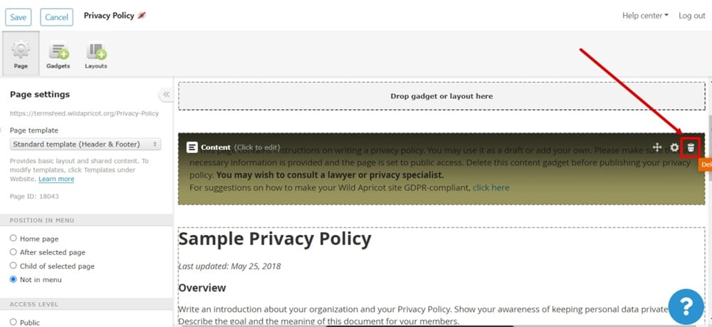 TermsFeed WildApricot - Privacy Policy - Editor - Delete placeholders