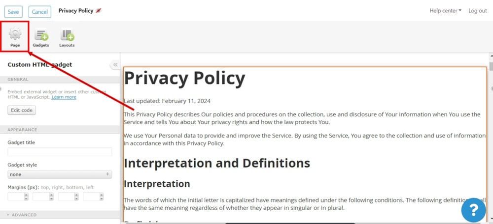 TermsFeed WildApricot - Privacy Policy - Editor - Gadgets - Custom HTML added - Page settings tab