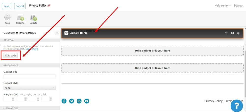 TermsFeed WildApricot - Privacy Policy - Editor - Gadgets - Custom HTML - open options - Edit code button