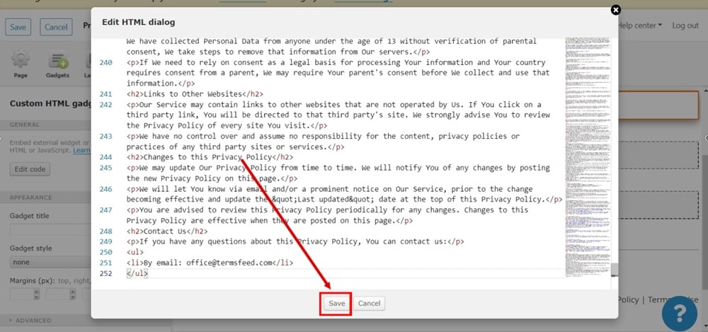 TermsFeed WildApricot - Privacy Policy - Editor - Gadgets - Custom HTML - open options - Edit code - window dialog - Paste - Save