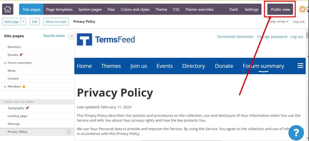 TermsFeed WildApricot - Privacy Policy - Editor - Page Saved - Public View