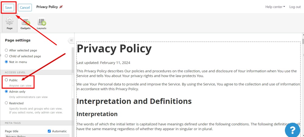 TermsFeed WildApricot - Privacy Policy - Editor - Page settings tab - Public - Save