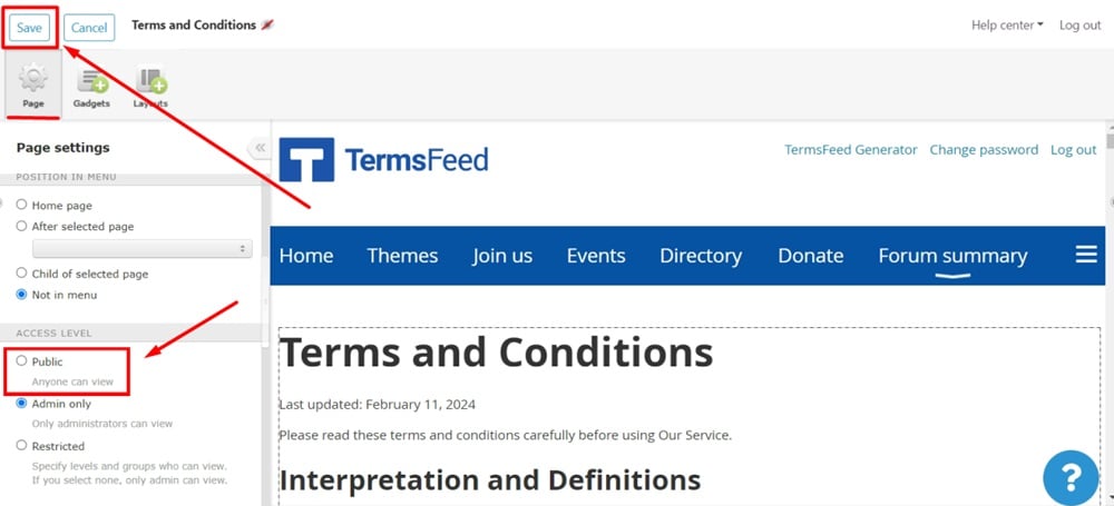 TermsFeed WildApricot - Terms and Conditions - Editor - Custom HTML added - Page settings tab - select Public and click Save